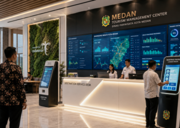 Dashboard interaktif Digitalisasi Pariwisata Medan yang menampilkan sistem pemantauan data destinasi real-time untuk mendukung efisiensi pariwisata kota Medan