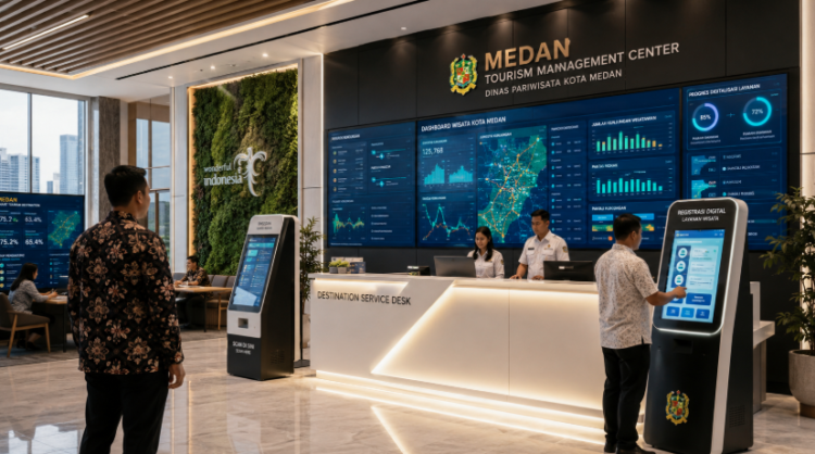 Dashboard interaktif Digitalisasi Pariwisata Medan yang menampilkan sistem pemantauan data destinasi real-time untuk mendukung efisiensi pariwisata kota Medan