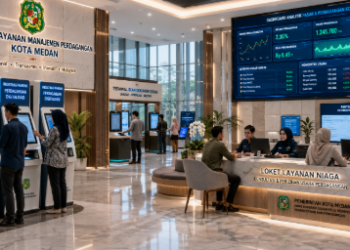Dashboard interaktif Digitalisasi Perdagangan Medan yang menampilkan sistem pemantauan data pasar real-time untuk mendukung efisiensi perdagangan kota Medan