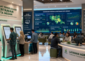 Dashboard interaktif Digitalisasi Pertanian Medan yang menampilkan sistem pemantauan data agraris real-time untuk mendukung efisiensi pertanian kota Medan