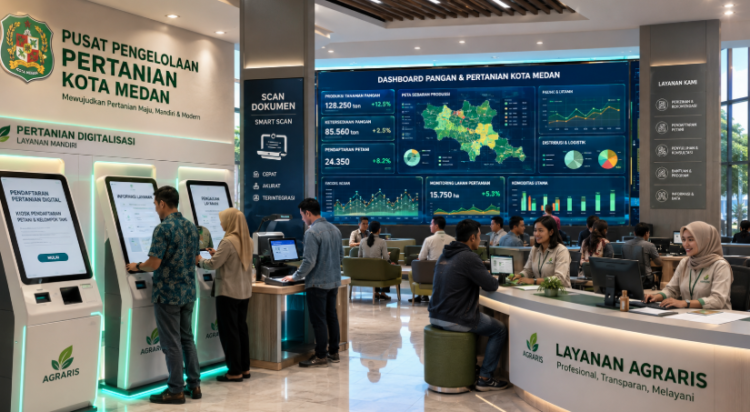 Dashboard interaktif Digitalisasi Pertanian Medan yang menampilkan sistem pemantauan data agraris real-time untuk mendukung efisiensi pertanian kota Medan