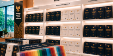 Jajaran tempat buku panduan diklat pegawai ASN Pemkot Medan Terpadu bahan premium untuk usaha pembuatan rencana pelatihan pegawai dan alat pusat instrumen tna Medan heavy duty minimalis berbagai folder lembar kesenjangan yang tersusun sangat rapi di dalam etalase toko perlengkapan kantor