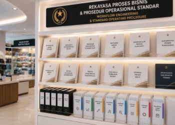 Jajaran tempat buku panduan disiplin kerja pegawai ASN Medan bahan premium untuk usaha tata tertib pegawai dan alat pusat instrumen hukdis Medan heavy duty minimalis berbagai folder aturan posisi yang tersusun sangat rapi di dalam etalase toko perlengkapan kantor