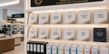 Jajaran tempat buku panduan disiplin kerja pegawai ASN Medan bahan premium untuk usaha tata tertib pegawai dan alat pusat instrumen hukdis Medan heavy duty minimalis berbagai folder aturan posisi yang tersusun sangat rapi di dalam etalase toko perlengkapan kantor