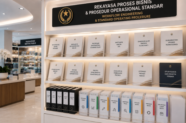 Jajaran tempat buku panduan disiplin kerja pegawai ASN Medan bahan premium untuk usaha tata tertib pegawai dan alat pusat instrumen hukdis Medan heavy duty minimalis berbagai folder aturan posisi yang tersusun sangat rapi di dalam etalase toko perlengkapan kantor