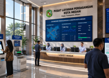 Dashboard interaktif Distribusi Pasar Medan yang menampilkan sistem pemantauan data logistik real-time untuk mendukung efisiensi perdagangan kota Medan