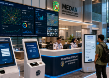 Dashboard interaktif Efisiensi Transportasi Medan yang menampilkan sistem pemantauan data mobilitas real-time untuk mendukung efisiensi transportasi kota Medan
