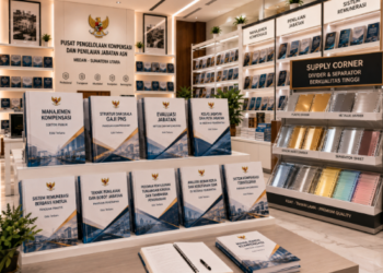 Jajaran tempat buku panduan evaluasi jabatan pegawai ASN bahan premium untuk usaha penentuan kelas jabatan pegawai dan alat pusat instrumen evajab Medan heavy duty minimalis berbagai folder bobot posisi yang tersusun sangat rapi di dalam etalase toko perlengkapan kantor