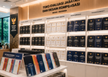 Jajaran tempat buku panduan evaluasi jabatan pegawai ASN bahan premium untuk usaha penentuan kelas jabatan pegawai dan alat pusat instrumen keljab Medan heavy duty minimalis berbagai folder nilai jabatan yang tersusun sangat rapi di dalam etalase toko perlengkapan kantor