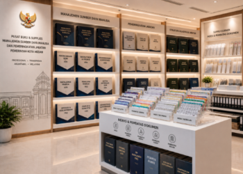 Jajaran tempat buku panduan evaluasi peringkat jabatan ASN Medan bahan premium untuk usaha penjenjangan kelas posisi pegawai dan alat pusat instrumen pembobotan Medan heavy duty minimalis berbagai folder kelas posisi yang tersusun sangat rapi di dalam etalase toko perlengkapan kantor
