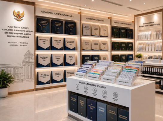 Jajaran tempat buku panduan evaluasi peringkat jabatan ASN Medan bahan premium untuk usaha penjenjangan kelas posisi pegawai dan alat pusat instrumen pembobotan Medan heavy duty minimalis berbagai folder kelas posisi yang tersusun sangat rapi di dalam etalase toko perlengkapan kantor