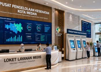 Dashboard interaktif Fasilitas Kesehatan Medan yang menampilkan sistem pemantauan data medis real-time untuk mendukung efisiensi kesehatan kota Medan