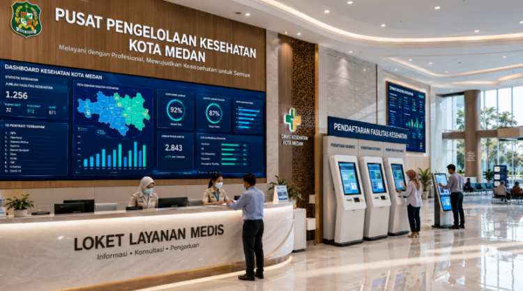Dashboard interaktif Fasilitas Kesehatan Medan yang menampilkan sistem pemantauan data medis real-time untuk mendukung efisiensi kesehatan kota Medan