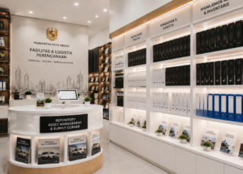 Jajaran tempat buku panduan fasilitas pegawai ASN Pemkot Medan Lengkap bahan premium untuk usaha pembuatan rencana pengadaan aset pegawai dan alat pusat instrumen logistik Medan heavy duty minimalis berbagai folder lembar inventaris yang tersusun sangat rapi di dalam etalase toko perlengkapan kantor