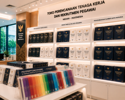 Jajaran tempat buku panduan formasi pegawai ASN Pemkot Medan Terbaik bahan premium untuk usaha perhitungan formasi pegawai dan alat pusat instrumen abk Medan heavy duty minimalis berbagai folder durasi aktivitas yang tersusun sangat rapi di dalam etalase toko perlengkapan kantor