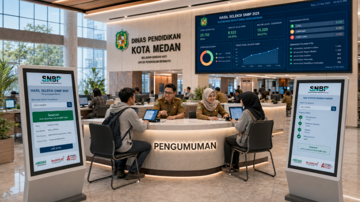 Dashboard interaktif Hasil Seleksi SNBP yang menampilkan alur pengumuman lulus real-time untuk mendukung efisiensi pendaftaran kota Medan.