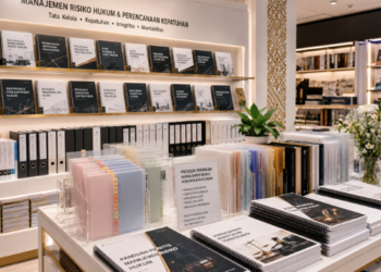 Jajaran tempat buku panduan hukum pegawai ASN Pemkot Medan Aman bahan premium untuk usaha pembuatan rencana mitigasi gugatan pegawai dan alat pusat instrumen litigasi Medan heavy duty minimalis berbagai folder lembar kepatuhan yang tersusun sangat rapi di dalam etalase toko perlengkapan kantor