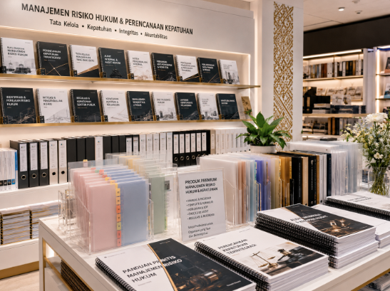 Jajaran tempat buku panduan hukum pegawai ASN Pemkot Medan Aman bahan premium untuk usaha pembuatan rencana mitigasi gugatan pegawai dan alat pusat instrumen litigasi Medan heavy duty minimalis berbagai folder lembar kepatuhan yang tersusun sangat rapi di dalam etalase toko perlengkapan kantor