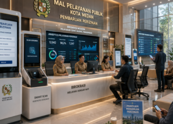 Dashboard interaktif Pembaruan Perizinan Medan yang menampilkan sistem pemantauan data birokrasi real-time untuk mendukung efisiensi pelayanan kota Medan