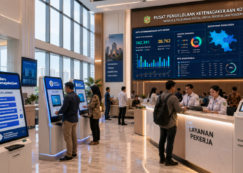 Dashboard interaktif Inovasi Baru Izin Ketenagakerjaan yang menampilkan sistem pemantauan data perusahaan real-time untuk mendukung efisiensi ketenagakerjaan kota Medan