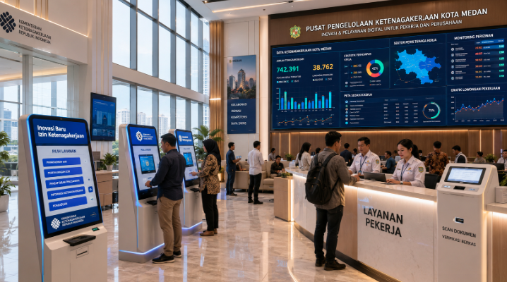 Dashboard interaktif Inovasi Baru Izin Ketenagakerjaan yang menampilkan sistem pemantauan data perusahaan real-time untuk mendukung efisiensi ketenagakerjaan kota Medan