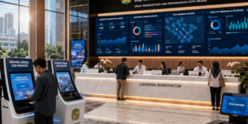 Dashboard interaktif Inovasi Cerdas Izin Industri yang menampilkan sistem pemantauan data manufaktur real-time untuk mendukung efisiensi industri kota Medan