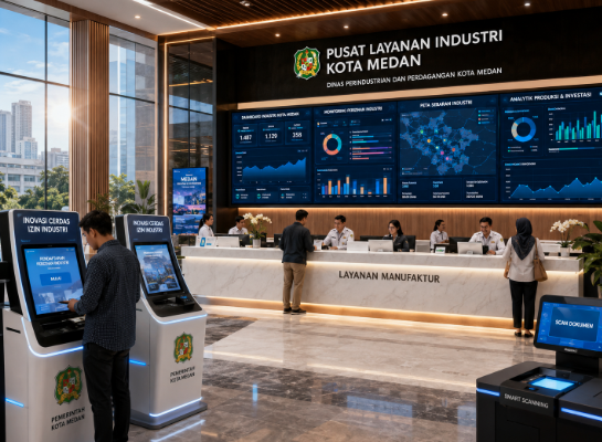 Dashboard interaktif Inovasi Cerdas Izin Industri yang menampilkan sistem pemantauan data manufaktur real-time untuk mendukung efisiensi industri kota Medan