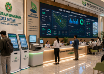 Dashboard interaktif Inovasi Digital Izin Lingkungan yang menampilkan sistem pemantauan data kelestarian real-time untuk mendukung efisiensi lingkungan kota Medan