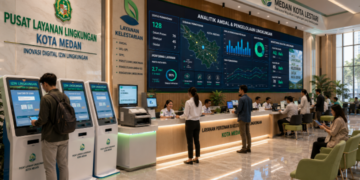 Dashboard interaktif Inovasi Digital Izin Lingkungan yang menampilkan sistem pemantauan data kelestarian real-time untuk mendukung efisiensi lingkungan kota Medan