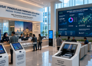 Dashboard interaktif Inovasi Digital Izin Pariwisata yang menampilkan sistem pemantauan data destinasi real-time untuk mendukung efisiensi pariwisata kota Medan