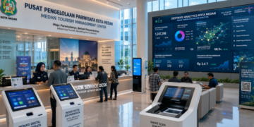 Dashboard interaktif Inovasi Digital Izin Pariwisata yang menampilkan sistem pemantauan data destinasi real-time untuk mendukung efisiensi pariwisata kota Medan