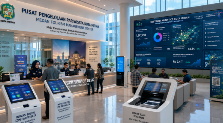 Dashboard interaktif Inovasi Digital Izin Pariwisata yang menampilkan sistem pemantauan data destinasi real-time untuk mendukung efisiensi pariwisata kota Medan