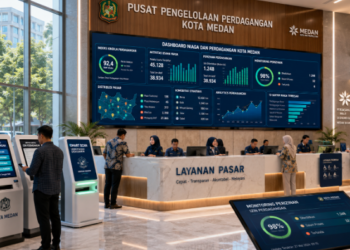 Dashboard interaktif Inovasi Digital Izin Perdagangan yang menampilkan sistem pemantauan data pasar real-time untuk mendukung efisiensi perdagangan kota Medan