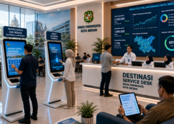Dashboard interaktif Inovasi Digital Izin Wisata yang menampilkan sistem pemantauan data destinasi real-time untuk mendukung efisiensi wisata kota Medan