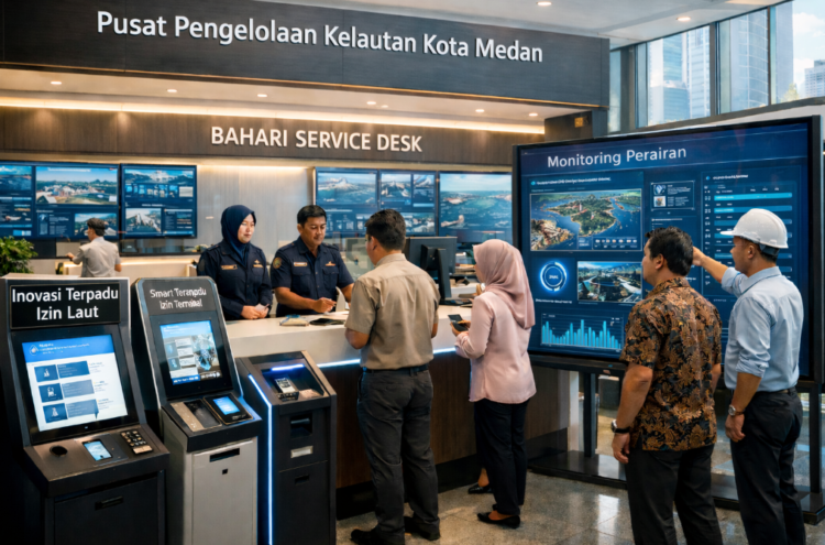 Dashboard interaktif Inovasi Terpadu Izin Laut yang menampilkan sistem pemantauan data perairan real-time untuk mendukung efisiensi kelautan kota Medan