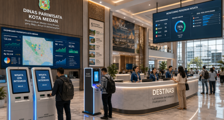 Dashboard interaktif Integrasi Izin Wisata Medan yang menampilkan sistem pemantauan data destinasi real-time untuk mendukung efisiensi wisata kota Medan