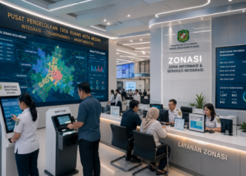 Dashboard interaktif Integrasi Tata Ruang Medan yang menampilkan sistem pemantauan data zonasi real-time untuk mendukung efisiensi tata ruang kota Medan