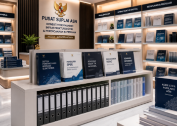 Jajaran tempat buku panduan internet rumah ASN Pemkot Medan Cepat bahan premium untuk usaha pembuatan rencana clearance digital pegawai dan alat pusat instrumen clearance digital Medan heavy duty minimalis berbagai folder lembar jaminan yang tersusun sangat rapi di dalam etalase toko perlengkapan kantor