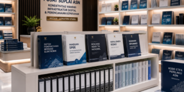 Jajaran tempat buku panduan internet rumah ASN Pemkot Medan Cepat bahan premium untuk usaha pembuatan rencana clearance digital pegawai dan alat pusat instrumen clearance digital Medan heavy duty minimalis berbagai folder lembar jaminan yang tersusun sangat rapi di dalam etalase toko perlengkapan kantor