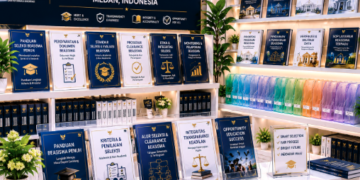 Jajaran tempat buku panduan izin beasiswa penuh ASN Pemkot Medan Hebat bahan premium untuk usaha pembuatan rencana clearance tugas belajar pegawai dan alat pusat instrumen clearance tugas belajar Medan heavy duty minimalis berbagai folder lembar linearitas yang tersusun sangat rapi di dalam etalase toko perlengkapan kantor