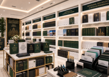 Jajaran tempat buku panduan izin ibadah mandiri ASN Pemkot Medan Khusyuk bahan premium untuk usaha pembuatan rencana clearance umrah pegawai dan alat pusat instrumen clearance umrah Medan heavy duty minimalis berbagai folder lembar jaminan yang tersusun sangat rapi di dalam etalase toko perlengkapan kantor