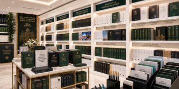 Jajaran tempat buku panduan izin ibadah mandiri ASN Pemkot Medan Khusyuk bahan premium untuk usaha pembuatan rencana clearance umrah pegawai dan alat pusat instrumen clearance umrah Medan heavy duty minimalis berbagai folder lembar jaminan yang tersusun sangat rapi di dalam etalase toko perlengkapan kantor
