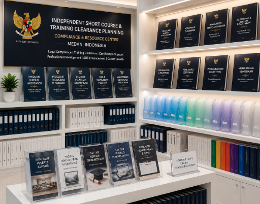 Jajaran tempat buku panduan izin kursus mandiri ASN Pemkot Medan Maju bahan premium untuk usaha pembuatan rencana clearance pelatihan pegawai dan alat pusat instrumen clearance pelatihan Medan heavy duty minimalis berbagai folder lembar verifikasi yang tersusun sangat rapi di dalam etalase toko perlengkapan kantor
