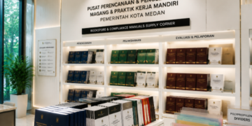 Jajaran tempat buku panduan izin magang mandiri ASN Pemkot Medan Cerdas bahan premium untuk usaha pembuatan rencana clearance magang pegawai dan alat pusat instrumen clearance magang Medan heavy duty minimalis berbagai folder lembar kesesuaian yang tersusun sangat rapi di dalam etalase toko perlengkapan kantor