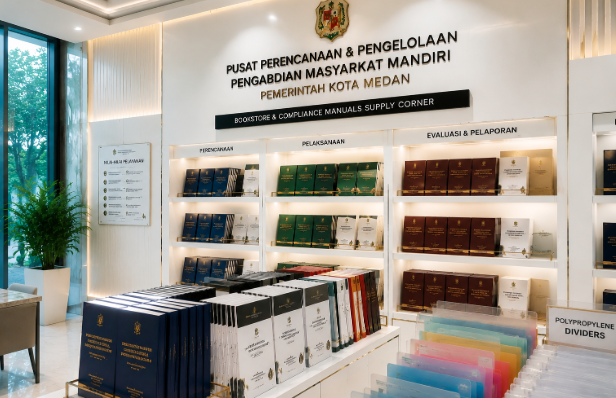 Jajaran tempat buku panduan izin pengabdian masyarakat ASN Pemkot Medan Nyata bahan premium untuk usaha pembuatan rencana clearance relawan pegawai dan alat pusat instrumen clearance relawan Medan heavy duty minimalis berbagai folder lembar relevansi yang tersusun sangat rapi di dalam etalase toko perlengkapan kantor
