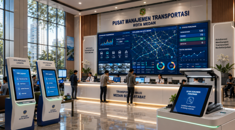 Dashboard interaktif Izin Perhubungan Medan yang menampilkan sistem pemantauan data transportasi real-time untuk mendukung efisiensi logistik kota Medan