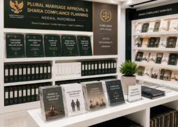 Jajaran tempat buku panduan izin poligami ASN Pemkot Medan Adil bahan premium untuk usaha pembuatan rencana pembinaan keluarga pegawai dan alat pusat instrumen pembinaan keluarga Medan heavy duty minimalis berbagai folder lembar persetujuan yang tersusun sangat rapi di dalam etalase toko perlengkapan kantor