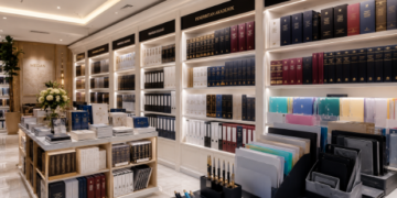 Jajaran tempat buku panduan izin publikasi ilmiah ASN Pemkot Medan Sah bahan premium untuk usaha pembuatan rencana clearance naskah riset pegawai dan alat pusat instrumen clearance naskah Medan heavy duty minimalis berbagai folder lembar verifikasi yang tersusun sangat rapi di dalam etalase toko perlengkapan kantor