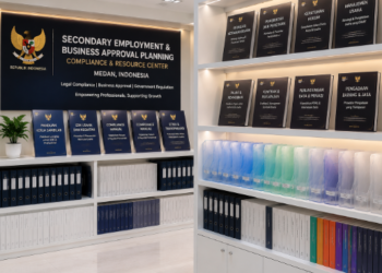 Jajaran tempat buku panduan izin usaha sampingan ASN Pemkot Medan Aman bahan premium untuk usaha pembuatan rencana bisnis pegawai dan alat pusat instrumen bisnis pegawai Medan heavy duty minimalis berbagai folder lembar verifikasi yang tersusun sangat rapi di dalam etalase toko perlengkapan kantor
