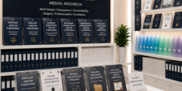 Jajaran tempat buku panduan jabatan fungsional ASN Pemkot Medan Adil bahan premium untuk usaha pembuatan rencana rekomendasi pengangkatan pegawai dan alat pusat instrumen clearance kompetensi Medan heavy duty minimalis berbagai folder lembar rekomendasi yang tersusun sangat rapi di dalam etalase toko perlengkapan kantor